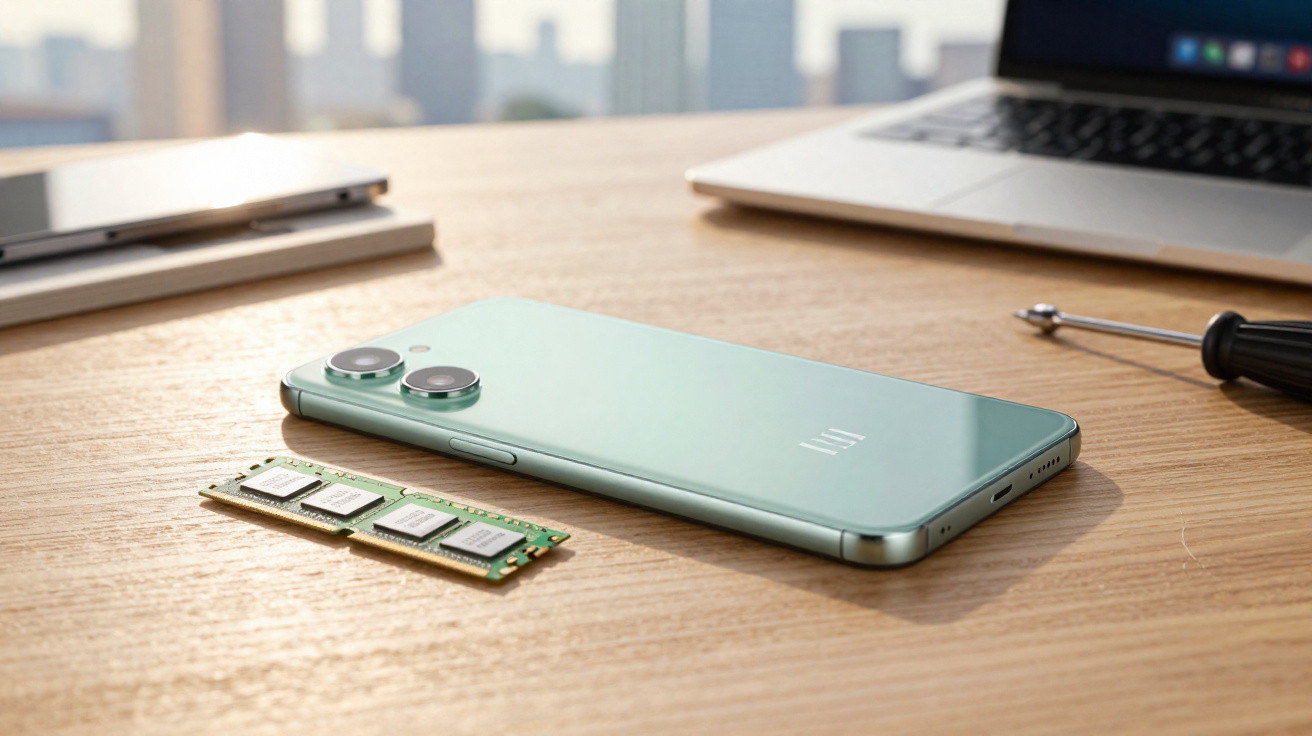 Smartphone verde, módulo de memória RAM e portátil num tampo de madeira com ferramenta.