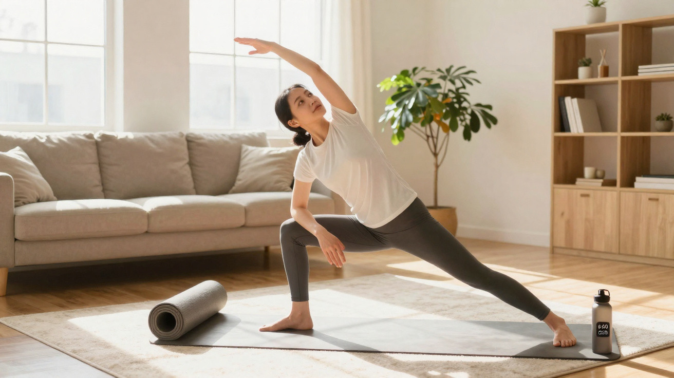 Mulher a fazer alongamentos de yoga numa sala iluminada, com tapete, garrafa de água e sofá ao fundo.