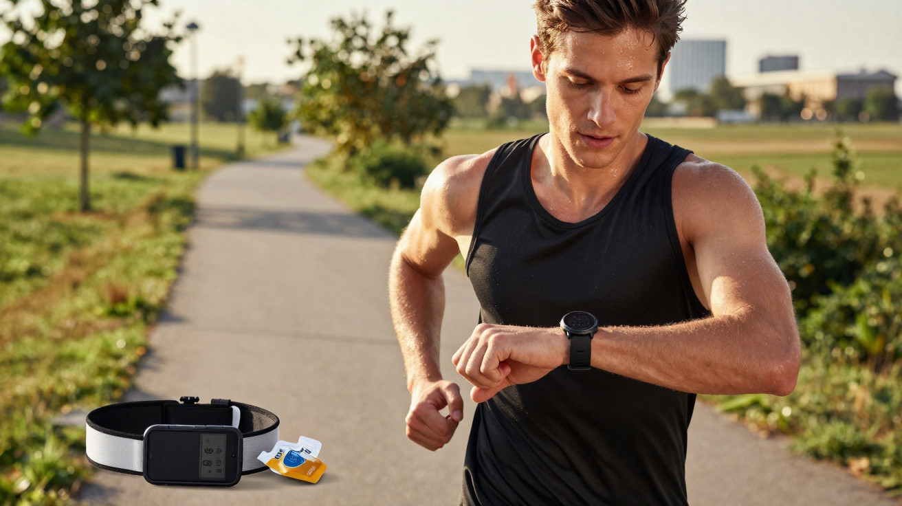 Homem a correr num caminho exterior a olhar para o relógio desportivo no pulso com sensor de frequência cardíaca.