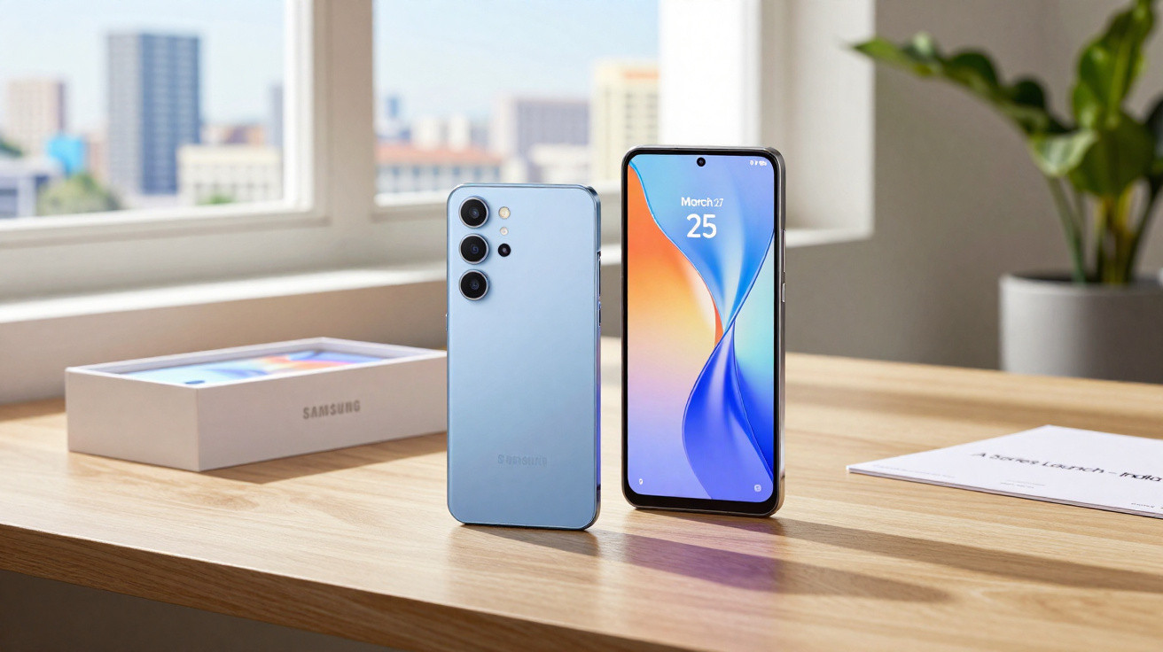 Dois smartphones Samsung azuis sobre uma mesa de madeira, um de frente com ecrã ligado e outro virado para trás.