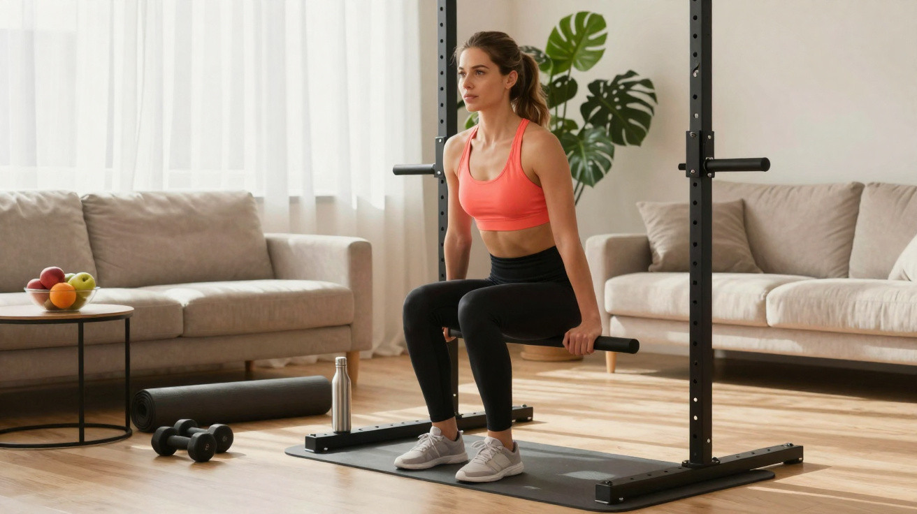 Mulher a fazer exercícios de agachamento em casa, rodeada de equipamento fitness e sofá.