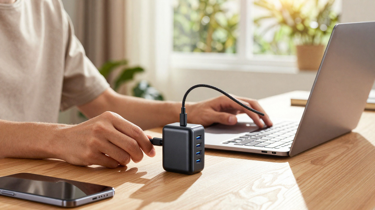 Pessoa a ligar um carregador USB com quatro portas a um portátil numa secretária com telemóvel ao lado.