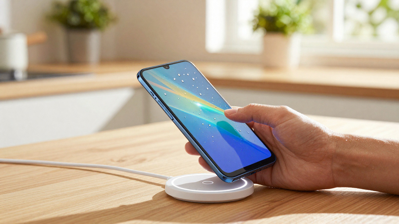 Pessoa a segurar smartphone azul sobre carregador sem fios branco numa mesa de madeira clara.