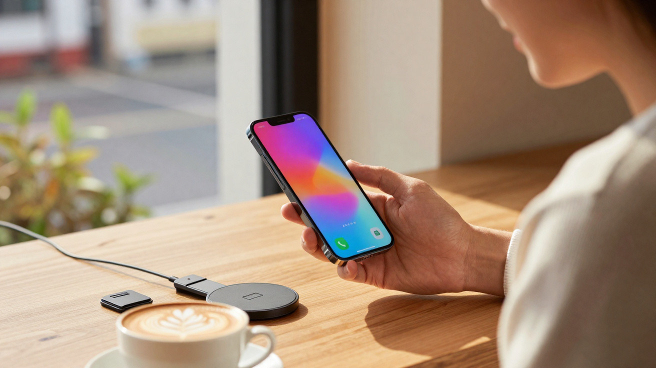 Pessoa a segurar smartphone enquanto está numa mesa de café com carregador sem fios e uma chávena de café com espuma.