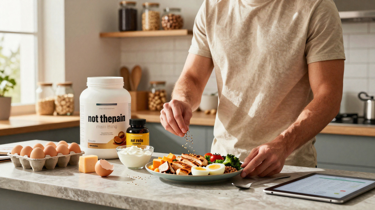 Homem tempera salada saudável com ovos, frango e legumes na cozinha com suplementos e tablet na bancada.