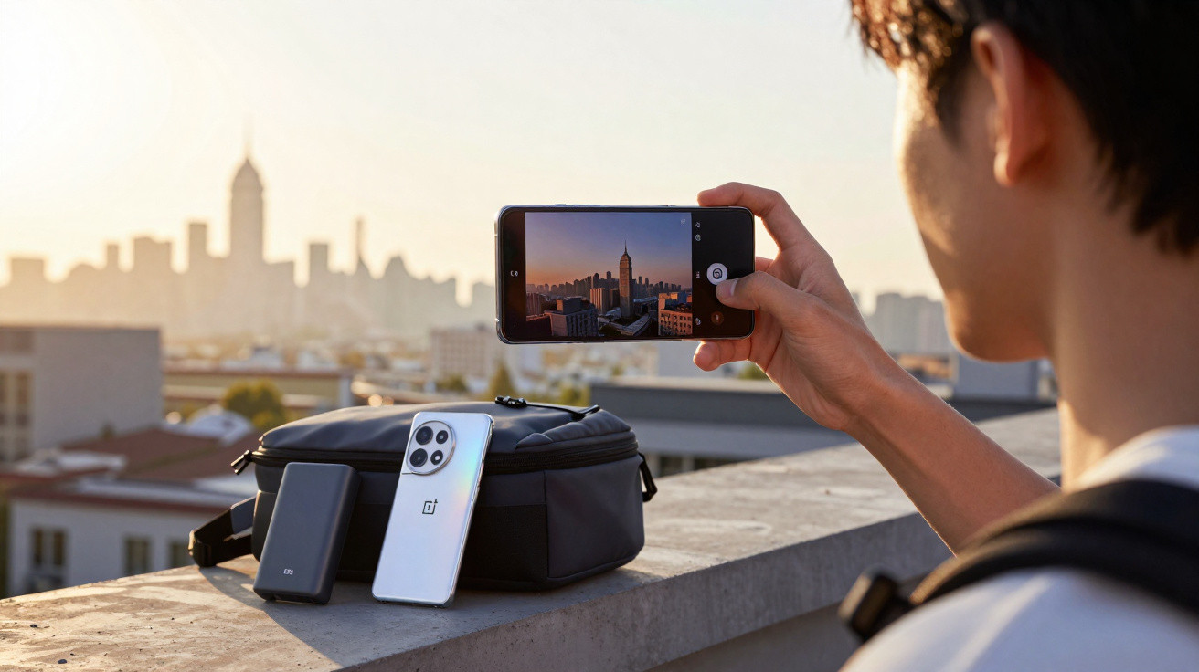 Pessoa a tirar foto de paisagem urbana ao pôr do sol com smartphone junto a mala e aparelhos eletrónicos.