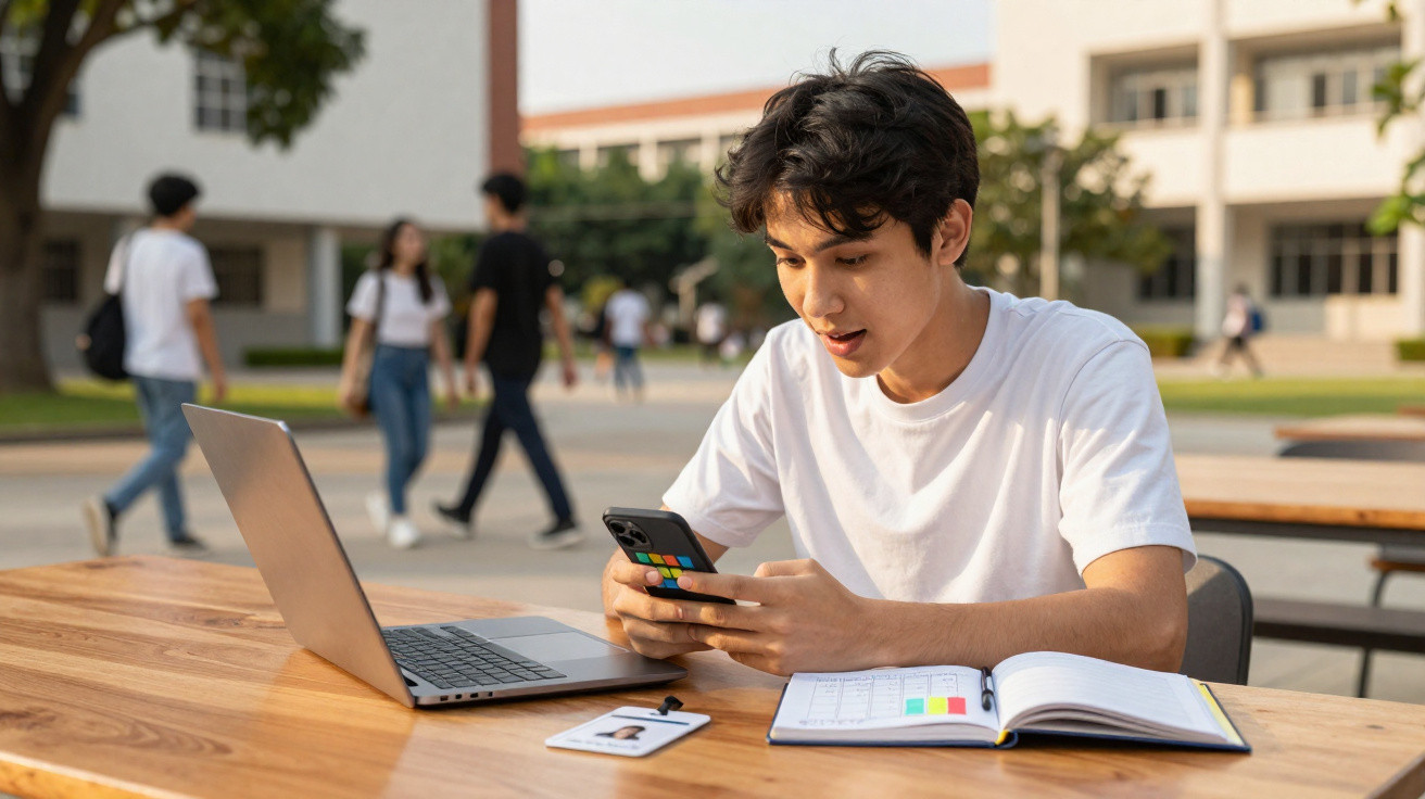 Jovem sentado ao ar livre, a estudar com computador, caderno aberto e a usar smartphone num campus universitário.