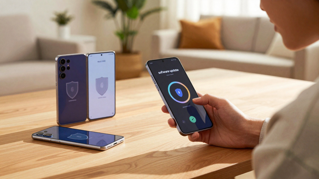 Pessoa a segurar smartphone com ecrã de atualização de software, três smartphones sobre mesa de madeira.