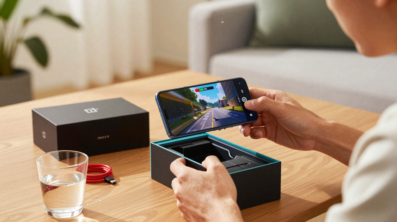 Pessoa a retirar telemóvel OnePlus 10T da caixa enquanto vê jogo num smartphone sobre mesa com copo de água e cabo USB vermel