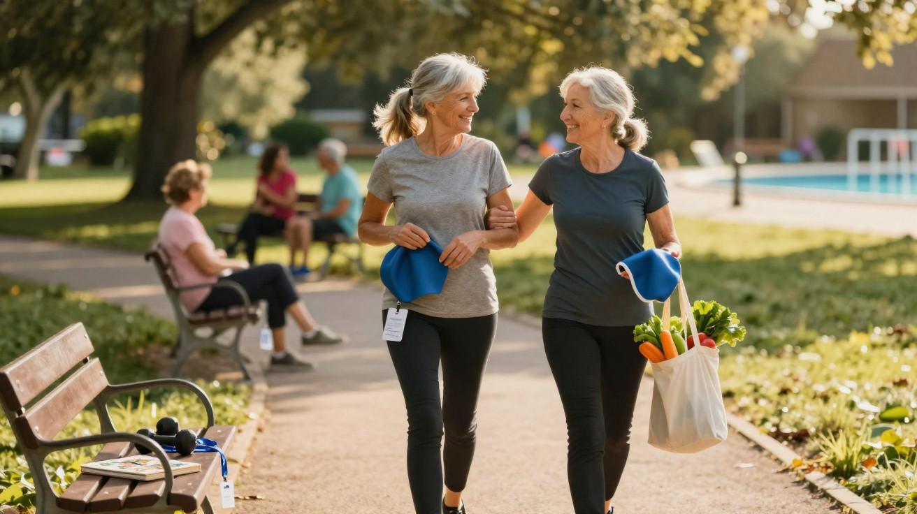 Duas mulheres séniores a caminhar no parque com sacolas e chapéus, felizes e a conversar.