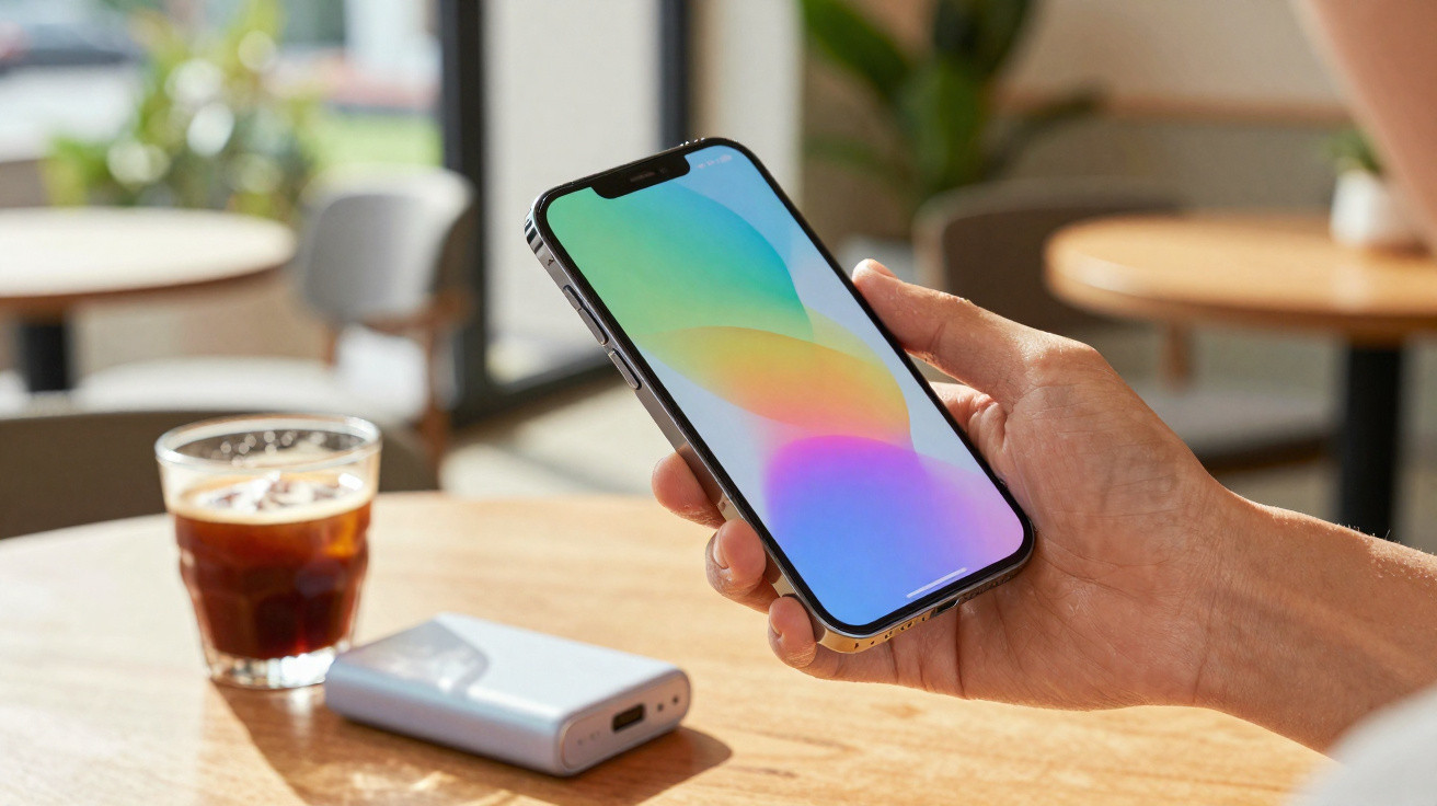 Mão a segurar um smartphone moderno com ecrã colorido, copo de bebida e power bank numa mesa de madeira.
