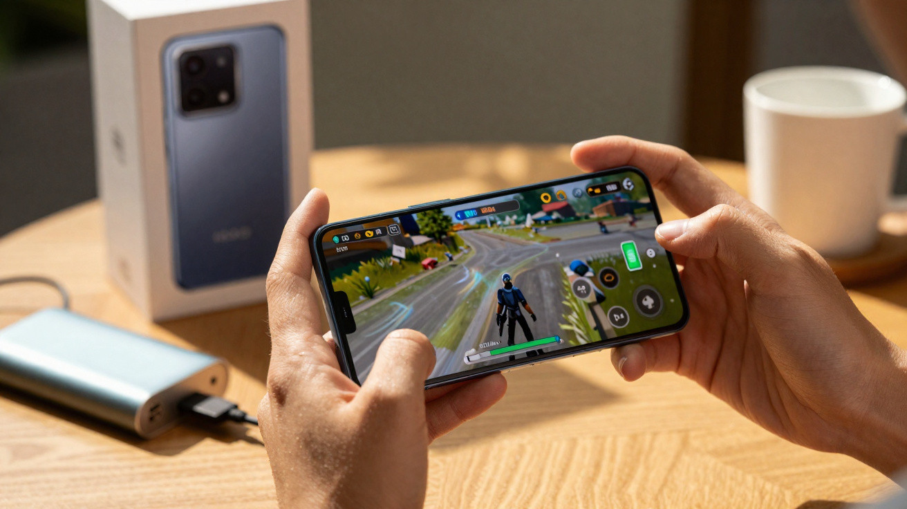 Pessoa a jogar jogo de vídeo num telemóvel com power bank e caixa do telemóvel ao fundo numa mesa de madeira.