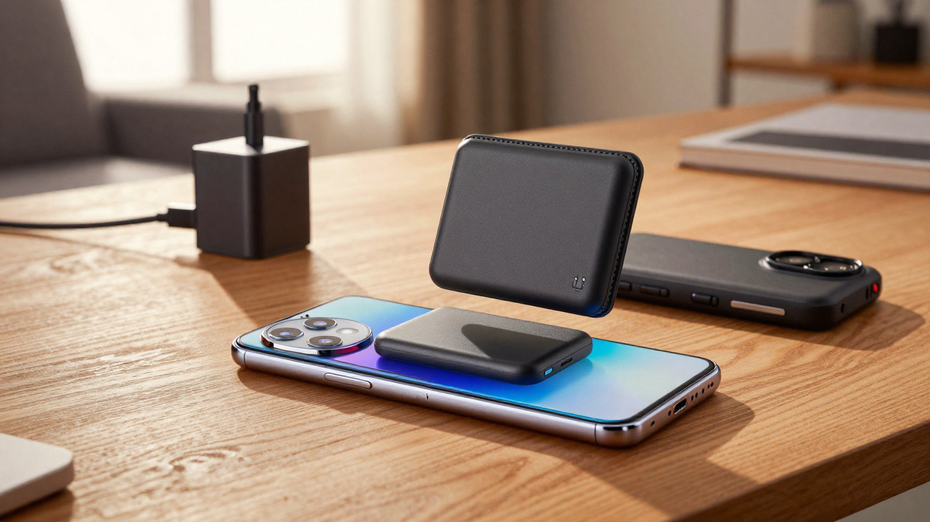 Carregadores portáteis e smartphone sobre mesa de madeira, com carregador e laptop ao fundo.