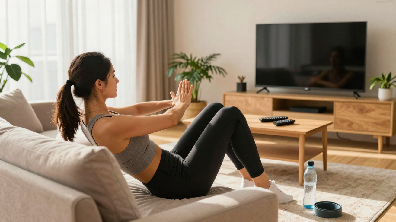 Mulher a fazer exercício abdominal no sofá na sala com garrafa de água e televisão desligada à frente.