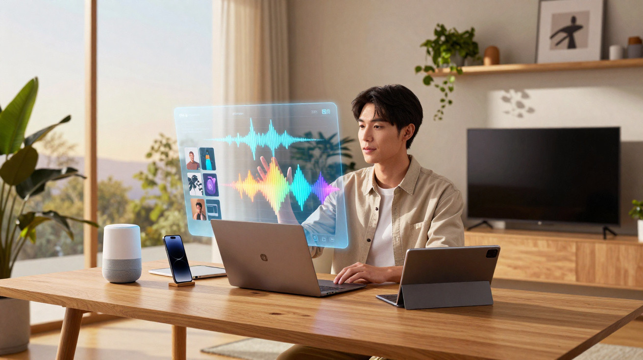 Homem sentado a trabalhar com laptop, tablet e assistente virtual numa sala moderna e iluminada.