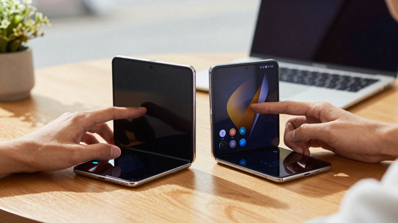 Duas pessoas interagem com smartphones dobráveis colocados sobre uma mesa de madeira clara.