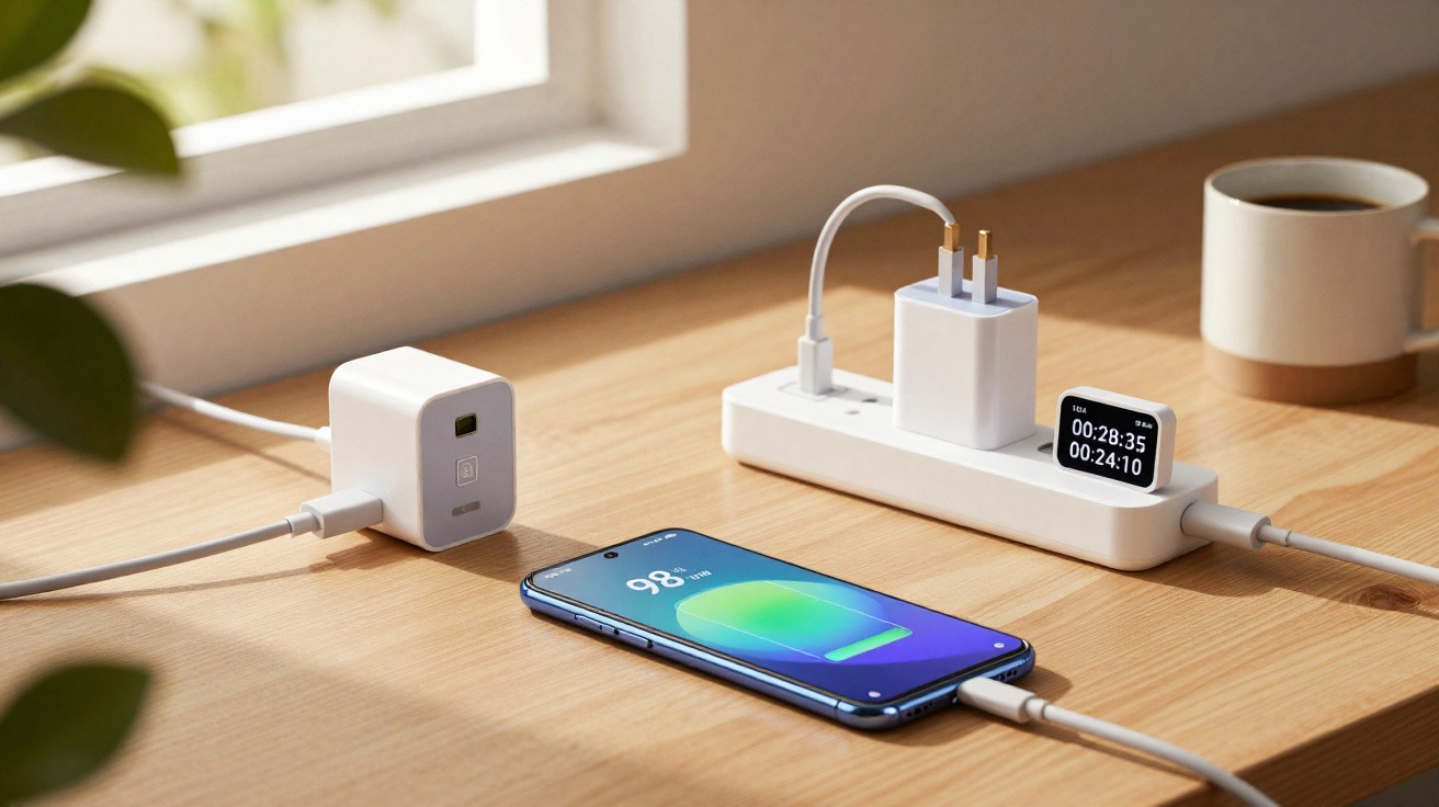 Smartphone azul a carregar numa superfície de madeira, com régua de energia e uma caneca ao fundo.