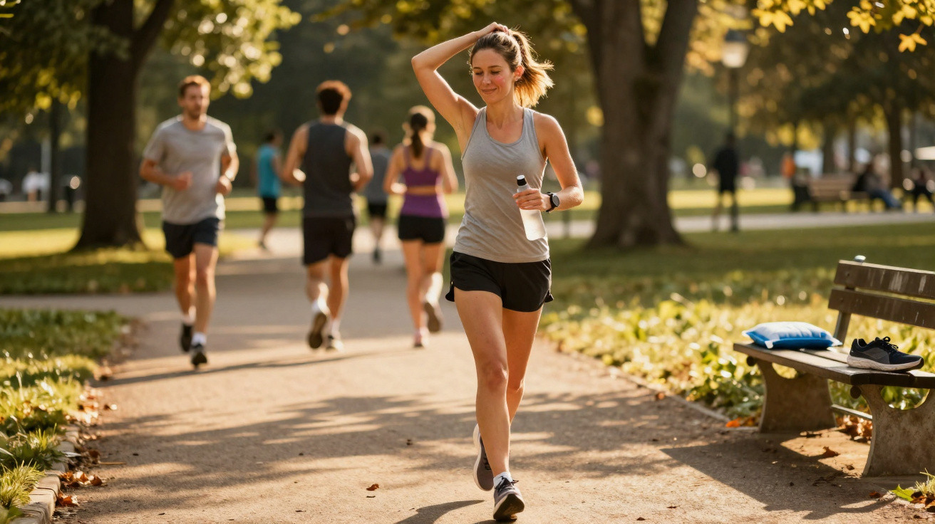 Mulher a descansar e a beber água durante corrida em parque com outras pessoas a correr ao fundo.
