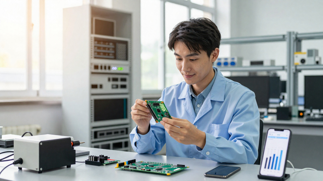 Homem numa bata azul analisa placa eletrónica num laboratório tecnológico com equipamento e gráficos ao fundo.