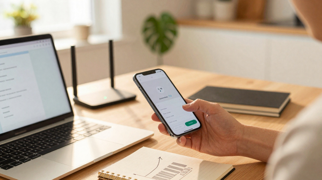 Pessoa a consultar aplicação de saúde no telemóvel, com computador portátil e notas de trabalho numa mesa.