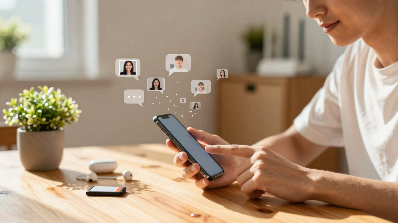 Pessoa a usar smartphone para videoconferência, com várias imagens de contatos flutuando na frente.