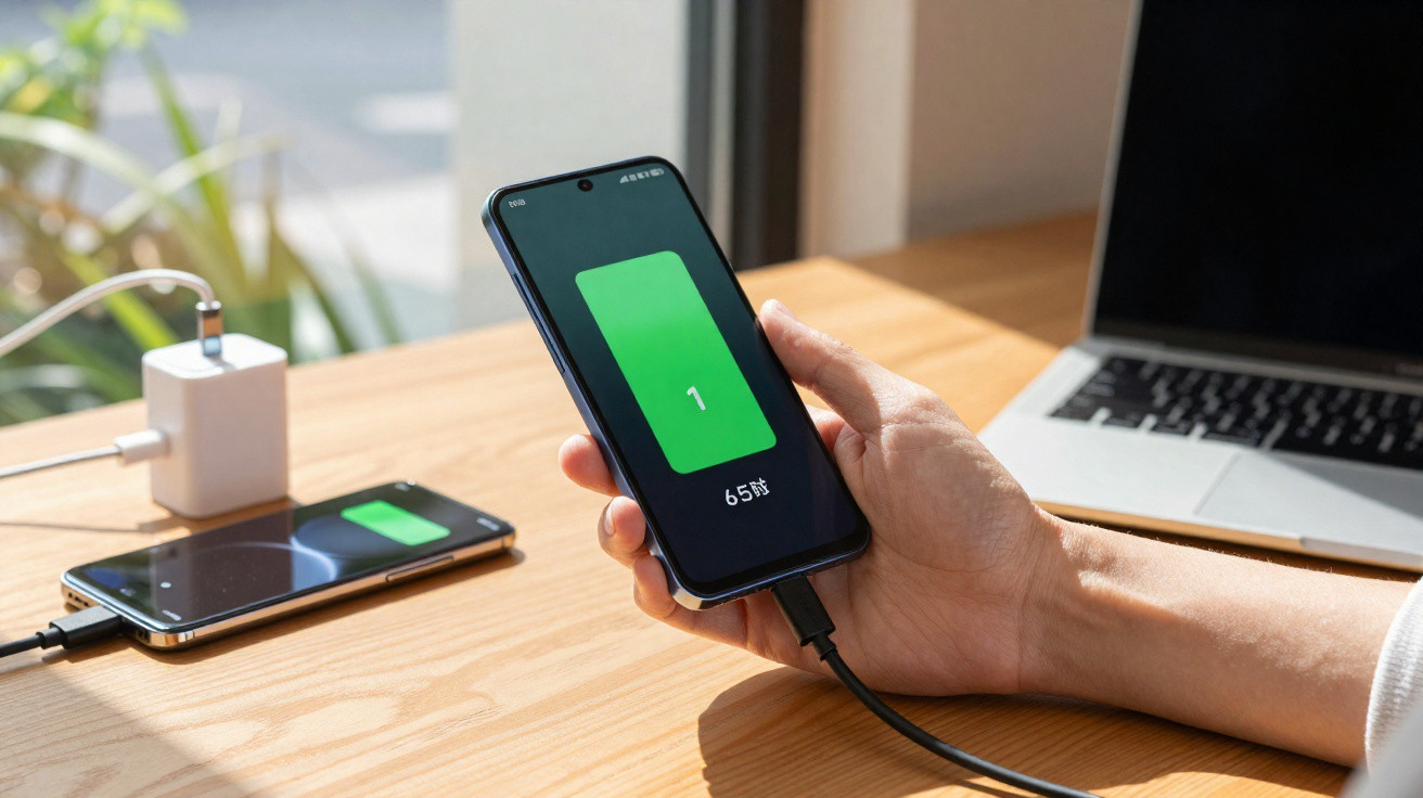 Pessoa a carregar dois smartphones pretos numa mesa, com portátil ao fundo.