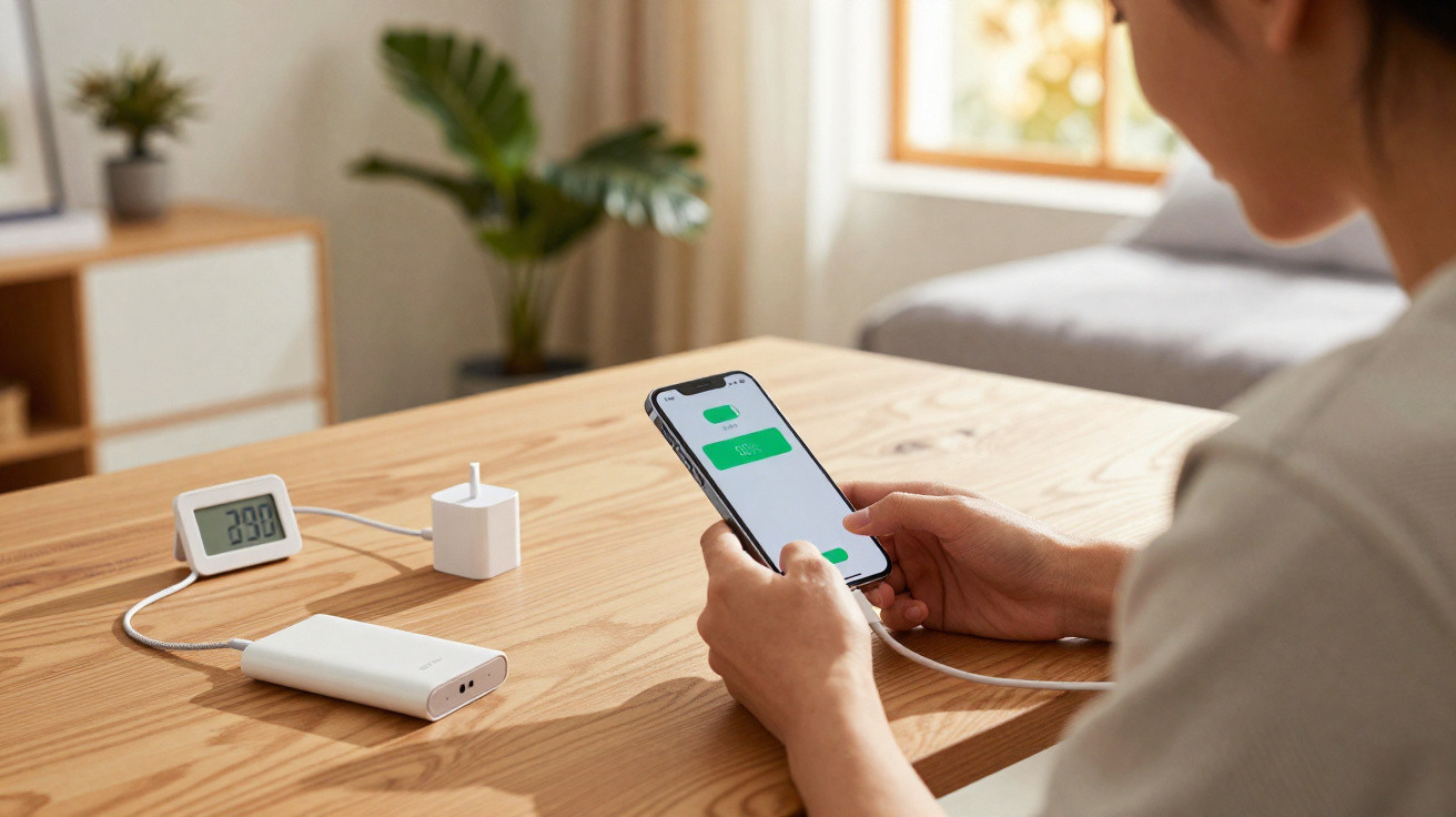 Pessoa a carregar telemóvel com bateria a 56% numa mesa de madeira, com power bank e cronómetro digital ao lado.
