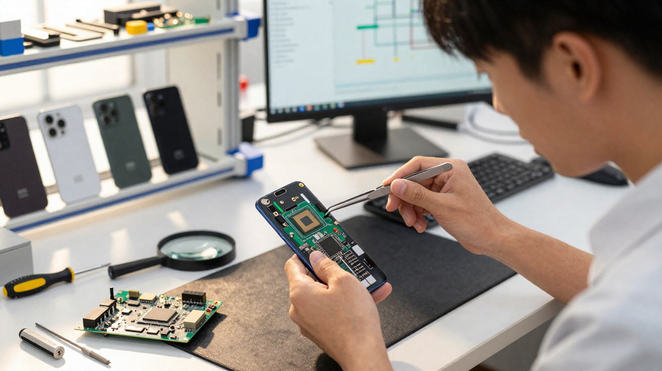 Pessoa a reparar a placa eletrónica de um telemóvel num ambiente de oficina com ferramentas e ecrã de computador.