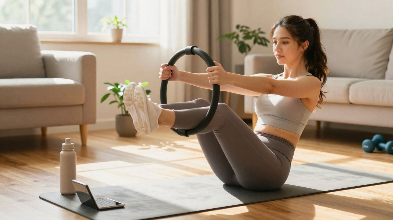 Mulher a fazer exercício com anel de pilates numa sala iluminada, com  tapete, garrafa e tablet.