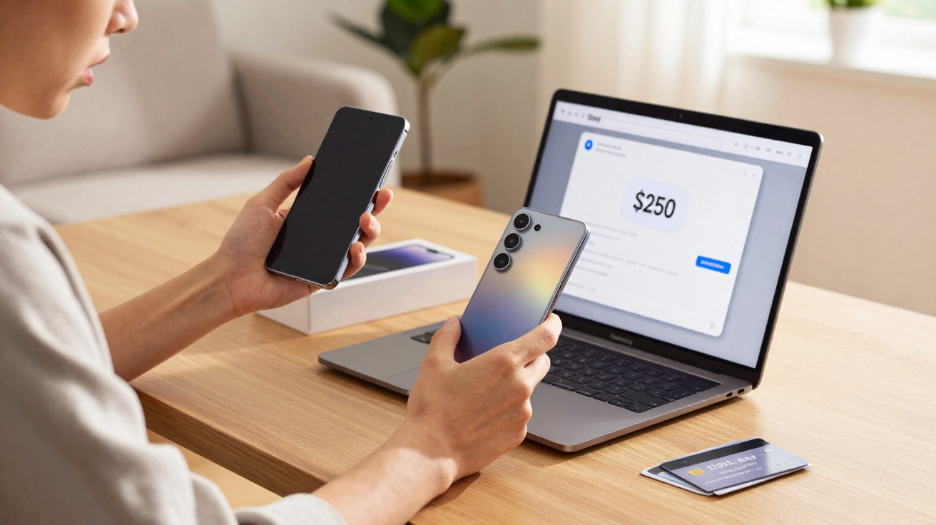 Pessoa a comparar dois smartphones em frente a um portátil mostrando uma compra online de 250 dólares.