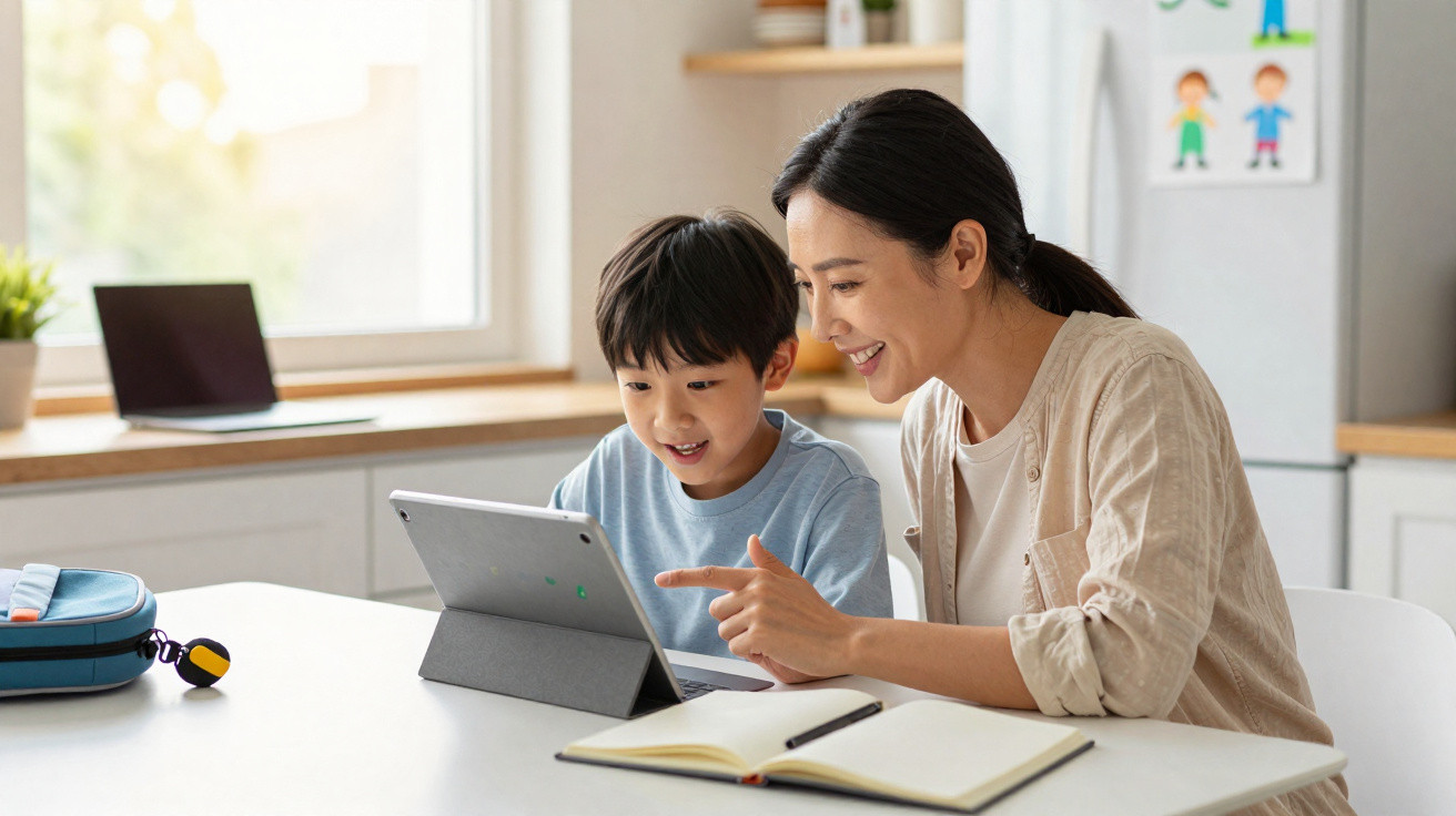 Mãe e filho felizes a usar um tablet juntos na cozinha, com caderno aberto sobre a mesa.