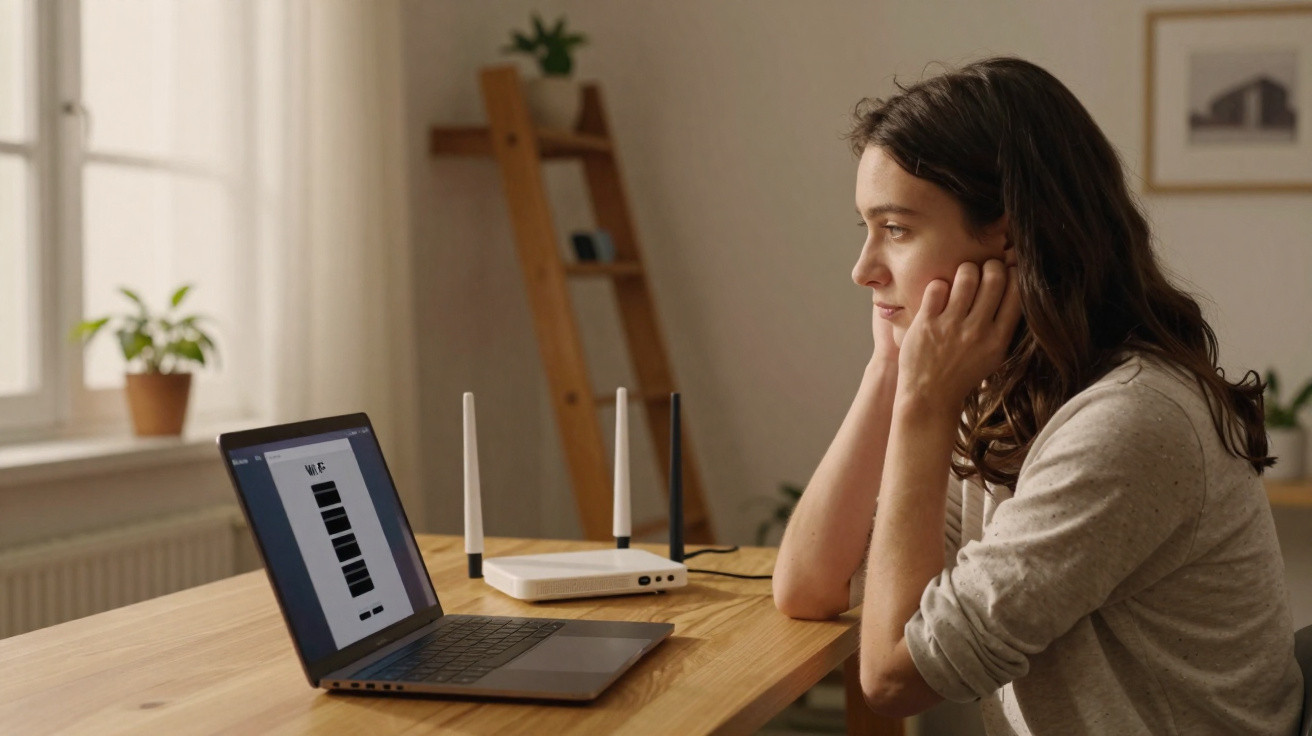 Mulher com expressão preocupada sentada à mesa a olhar para laptop com página de login aberta.