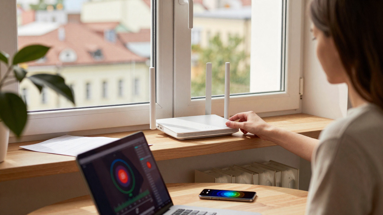 Pessoa a ajustar router Wi-Fi branco numa secretária com computador portátil e telemóvel.