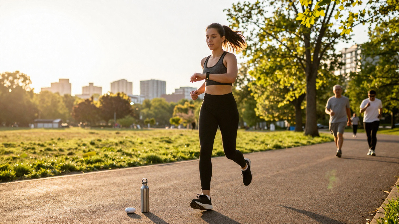 Mulher a correr num parque ao pôr do sol, com pessoas ao fundo e garrafa de água no chão.