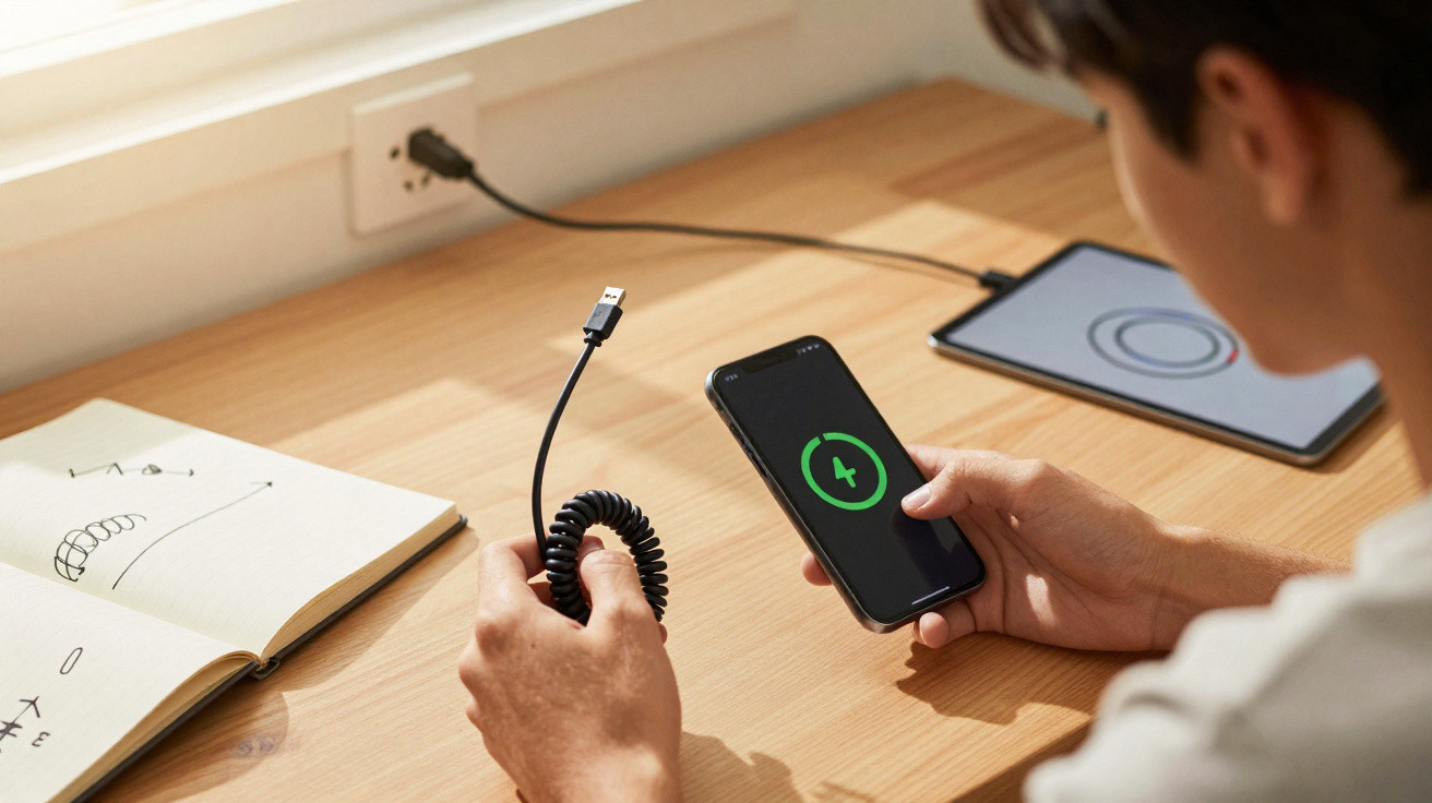 Pessoa a segurar smartphone com símbolo de carregamento, cabo USB e tablet sobre mesa de madeira clara.