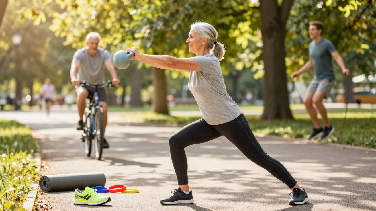 Mulher sénior a fazer exercício com kettlebell num parque, com pessoas a andar de bicicleta e saltar à corda ao fundo.