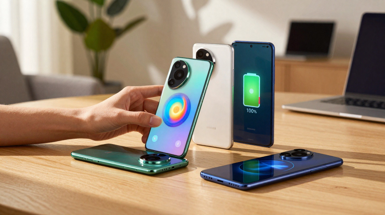 Mão a colocar telemóvel sobre outro para carregamento sem fios, vários smartphones sobre mesa de madeira.