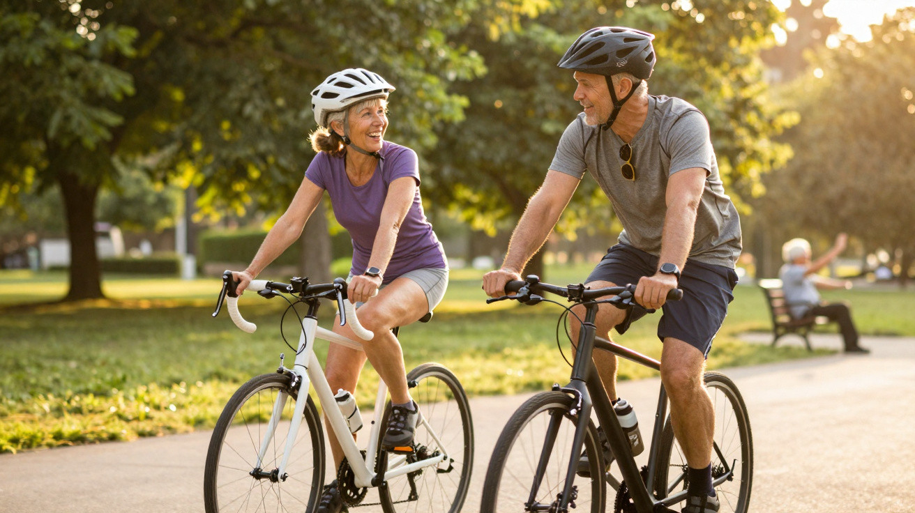 Casal sénior de capacete a andar de bicicleta num parque, sorrindo e conversando ao pôr do sol.