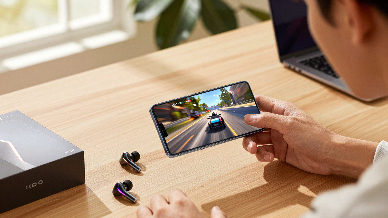 Pessoa a jogar jogo de corrida num smartphone, com auscultadores e caixa na mesa de madeira.