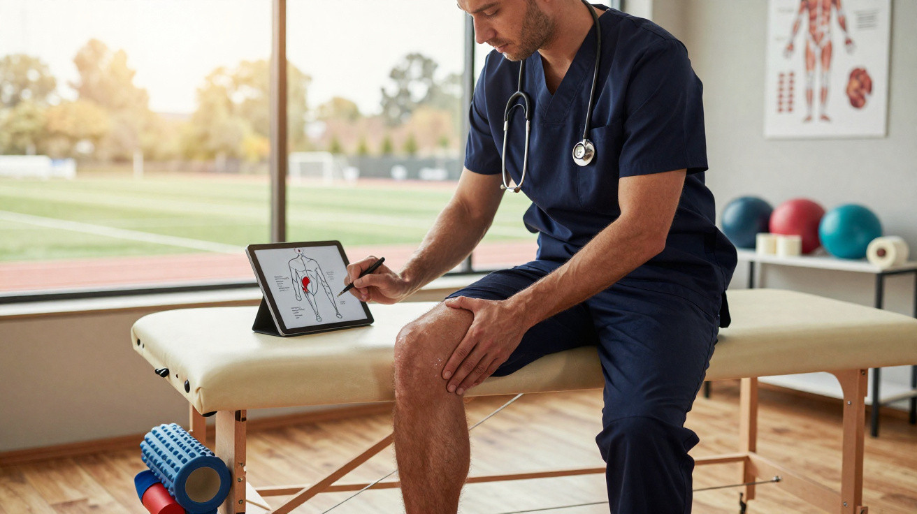 Homem em uniforme médico sentado numa maca a apontar para imagem de doenças no joelho numa tablet.