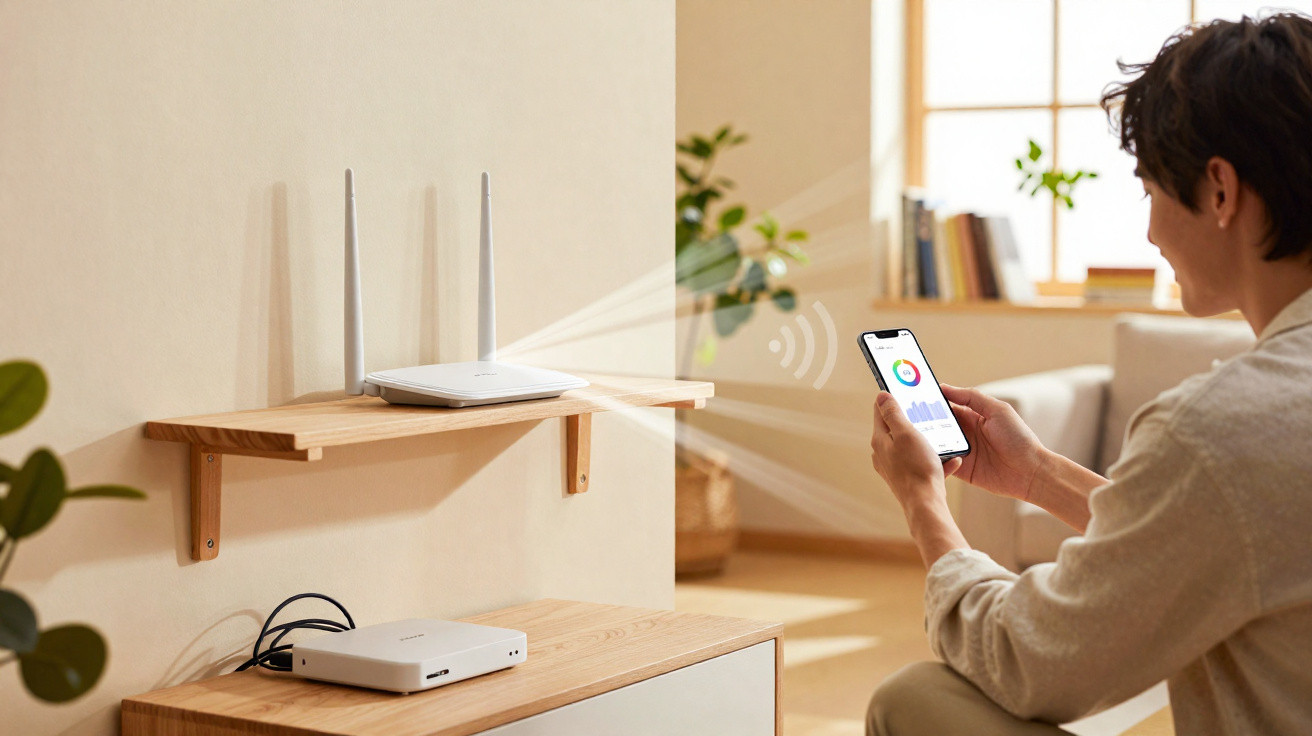 Pessoa a controlar a rede Wi-Fi em casa usando um smartphone e um router com duas antenas brancas.