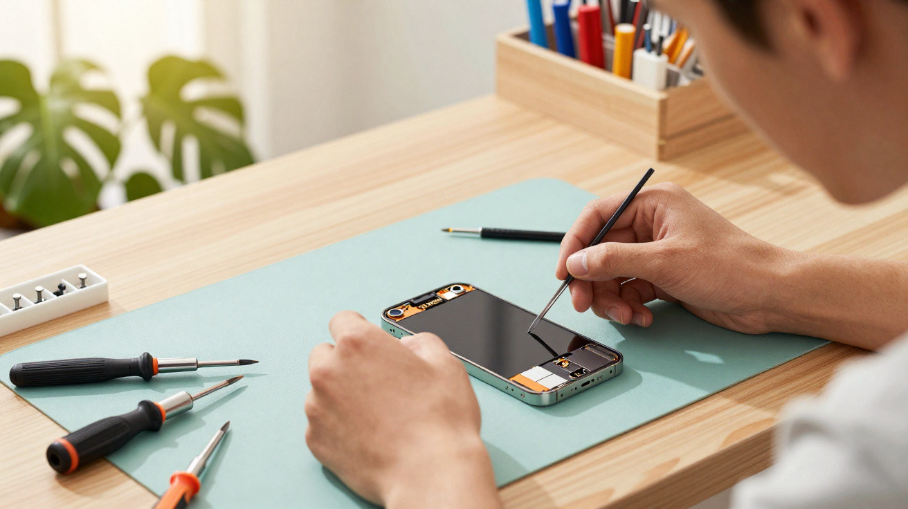 Pessoa a reparar o interior de um smartphone com ferramentas sobre uma mesa de madeira.
