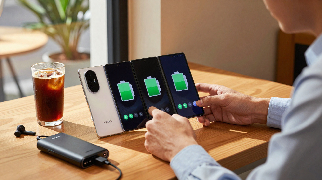 Pessoa a carregar três telemóveis Oppo alinhados numa mesa de madeira, ao lado de uma bebida e um carregador portátil.
