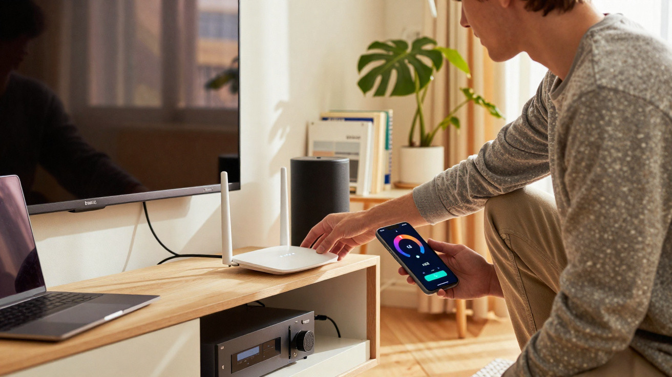 Pessoa controla router com smartphone numa sala de estar moderna com TV e computador portátil.