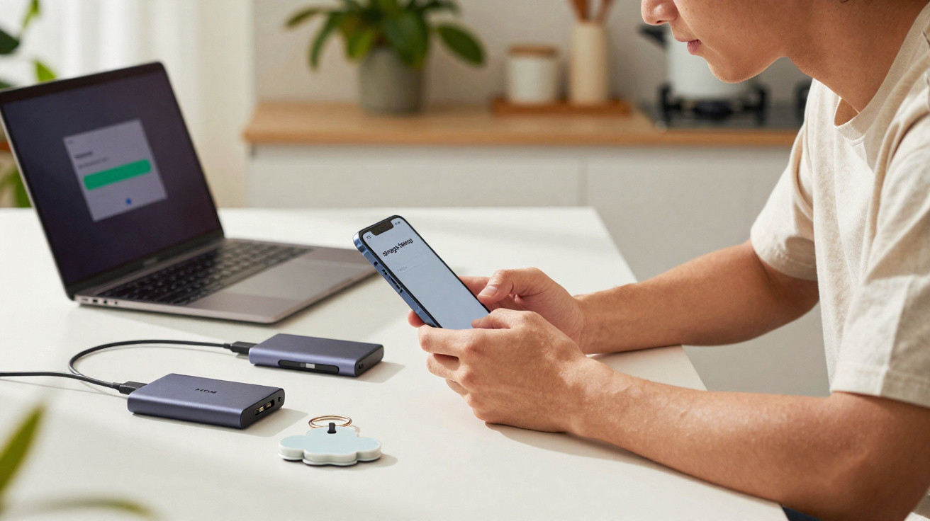 Pessoa a utilizar telemóvel com computador portátil e dispositivos eletrónicos sobre mesa branca numa cozinha.