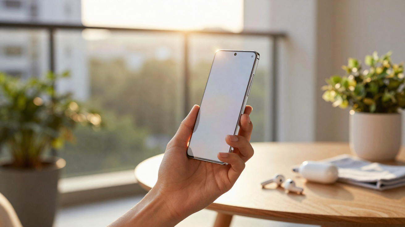 Pessoa a segurar um smartphone com ecrã desligado, fundo de mesa com auriculares wireless e plantas desfocadas.