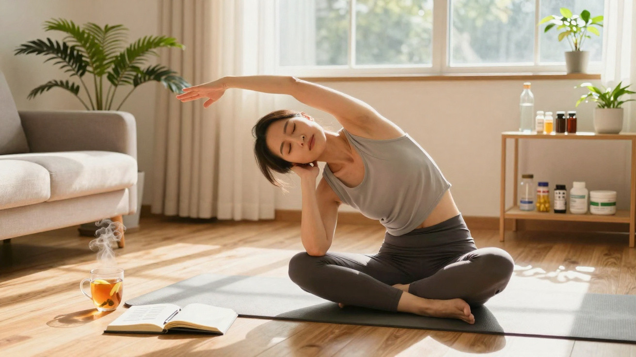Mulher a fazer alongamentos sentada no chão de yoga em casa, com chá e livro ao lado, luz natural.