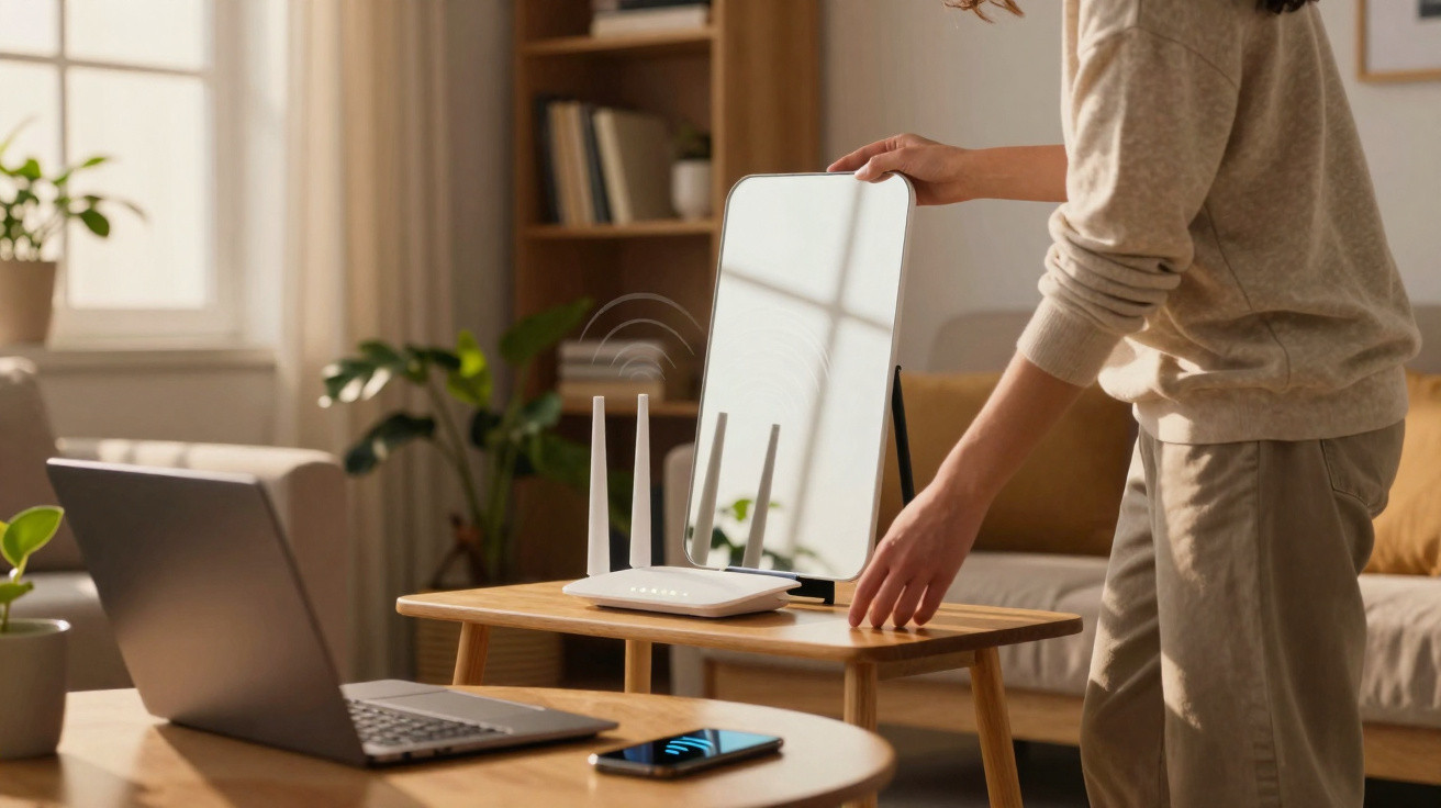 Pessoa a posicionar um espelho junto a um router wireless numa sala com computador portátil e smartphone.