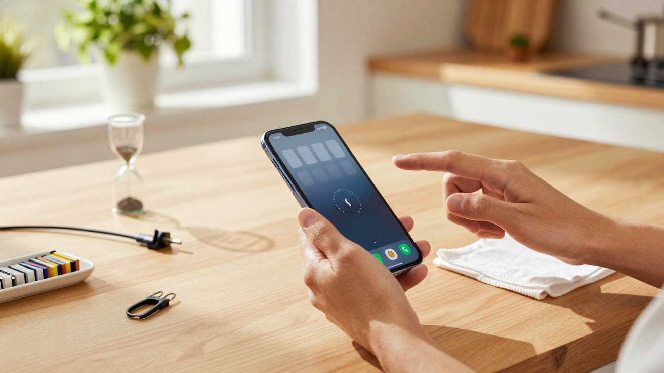 Pessoa a usar telemóvel numa mesa de madeira com cronómetro digital visível no ecrã.