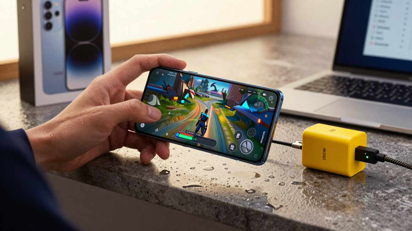 Pessoa a jogar num smartphone ligado a carregador amarelo em mesa húmida com portátil ao fundo